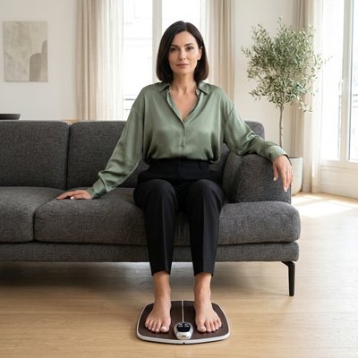 Appareil masseur pieds essayé par une femme détendue sur son canapé, instant relaxation
