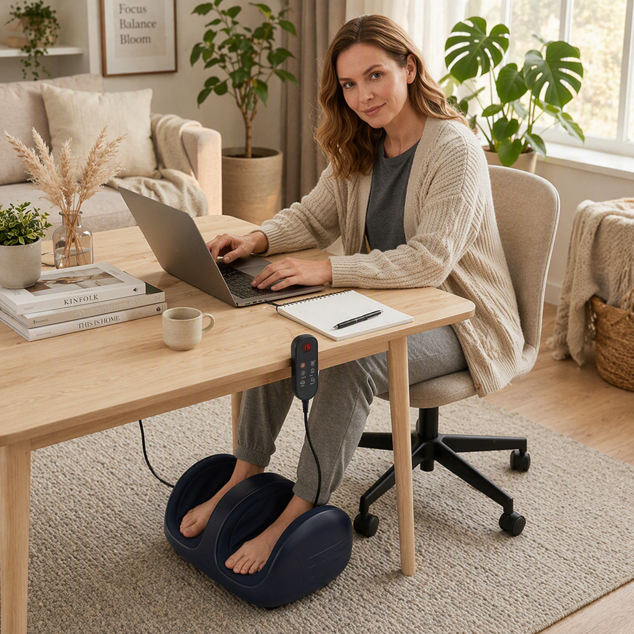 Appareil masseur pieds utilisé sous un bureau pendant une journée de télétravail à la maison
