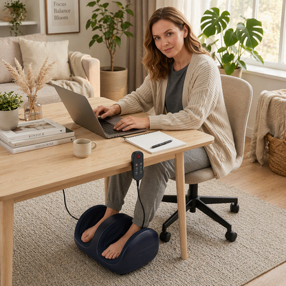 Appareil masseur pieds utilisé sous un bureau pendant une journée de télétravail à la maison