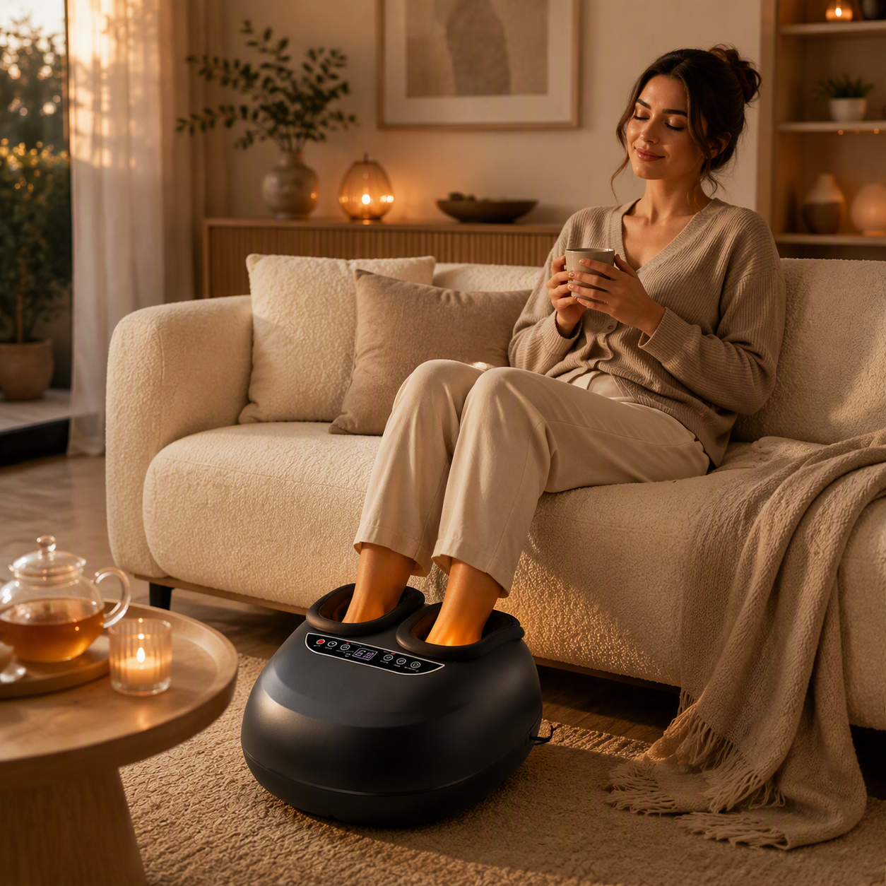 Masseur pieds chauffant utilisé dans un salon confortable pour un moment de détente à domicile