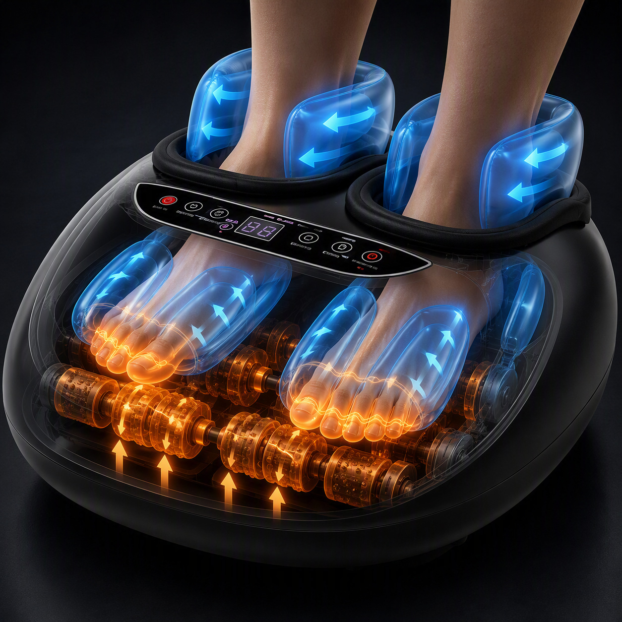 Masseur pieds avec technologie de compression par airbags et rouleaux shiatsu pour massage complet
