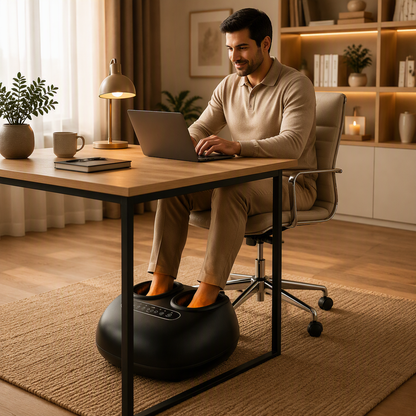 Masseur pieds utilisé sous un bureau pour améliorer le confort pendant le télétravail