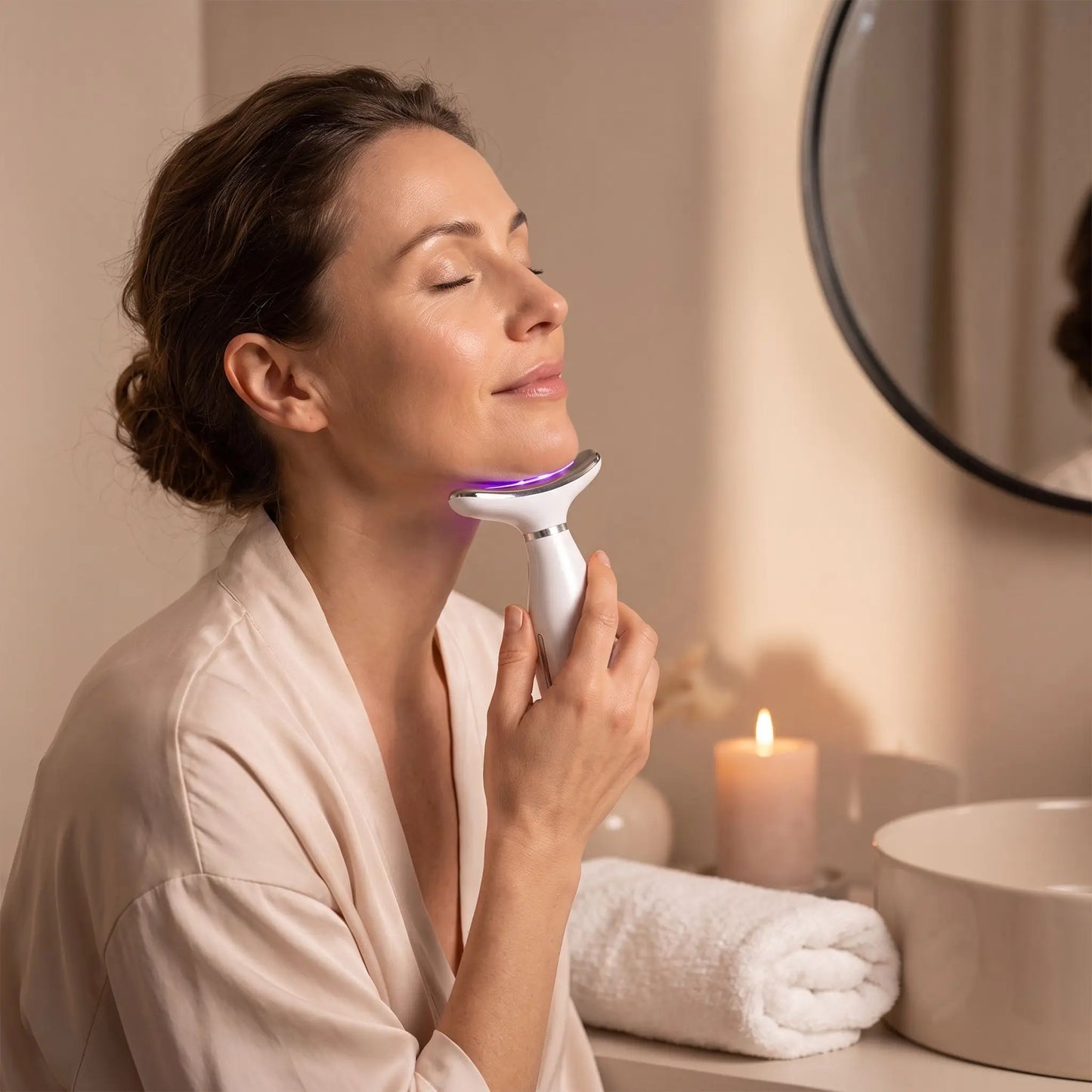 Masseur visage LED violette, utilisation sur la mâchoire
