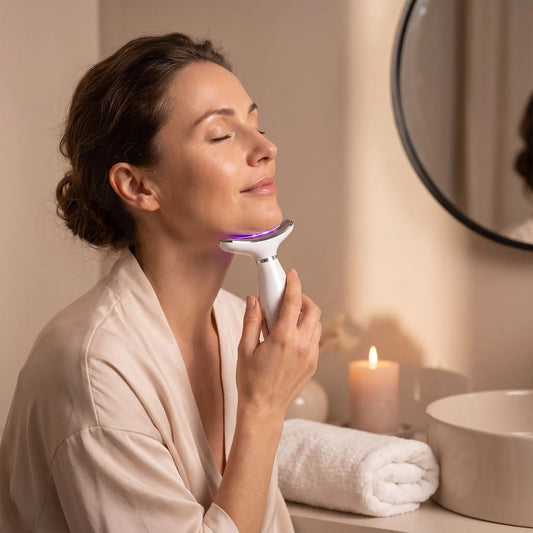 Masseur visage LED violette, utilisation sur la mâchoire