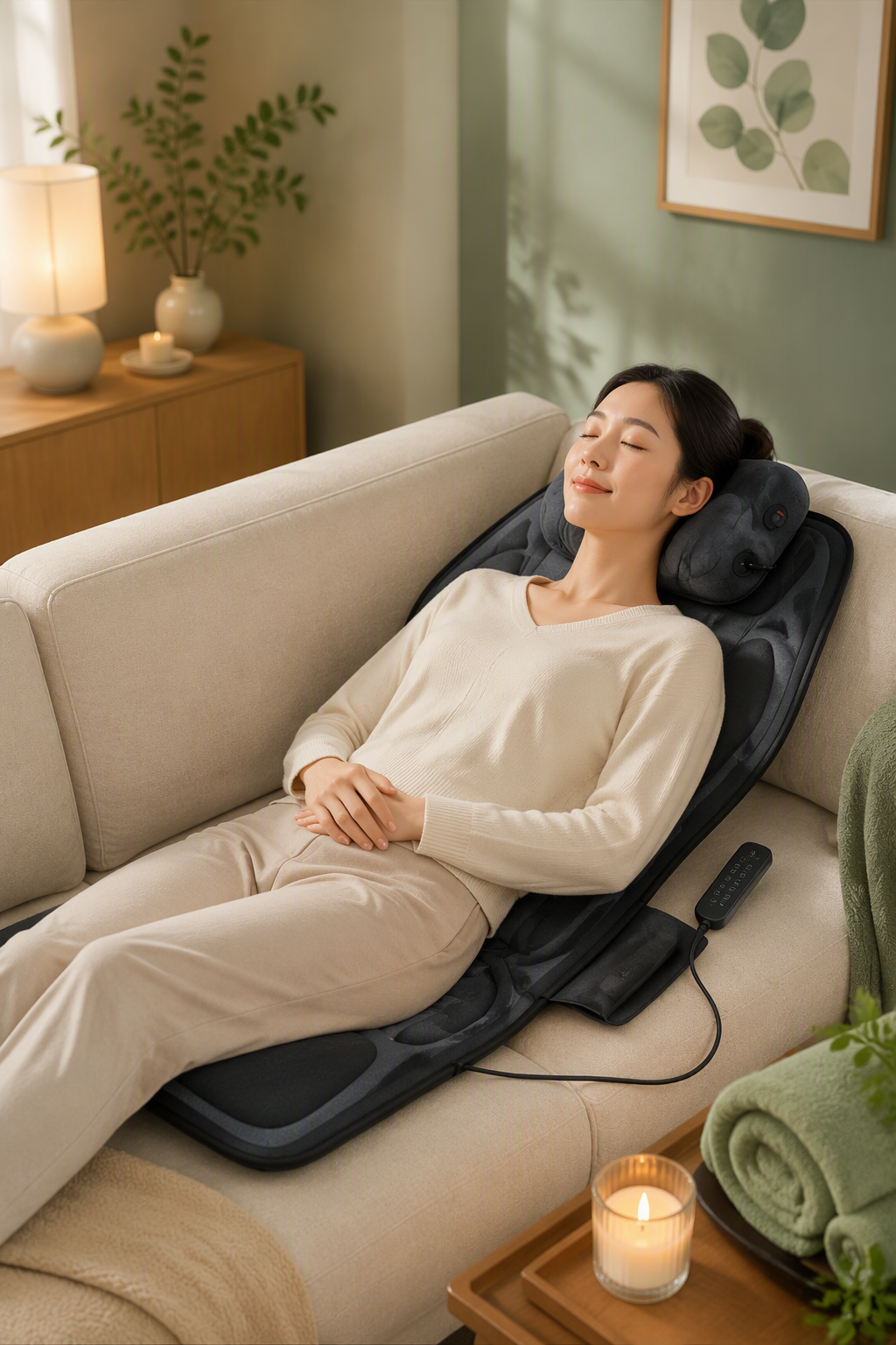 Siège pour massage en position allongée sur un canapé dans une ambiance spa relaxante