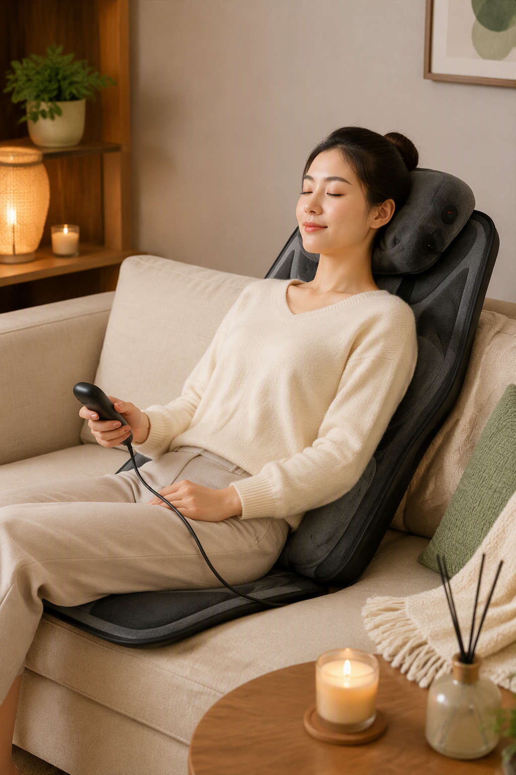 Siège de massage installé sur un canapé pour un moment de détente à domicile