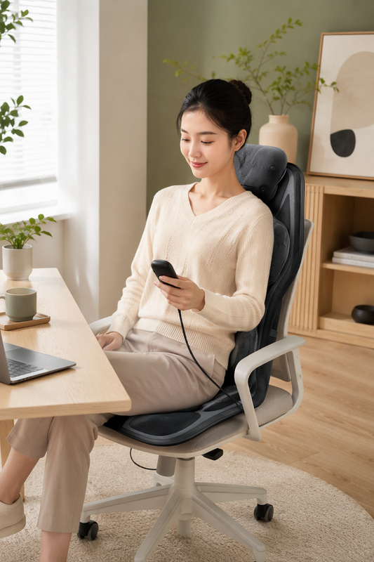Siège pour massage utilisé sur une chaise de bureau avec télécommande filaire en télétravail