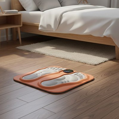 Appareil de massage des pieds chauffant posé sur le plancher d’une chambre à coucher