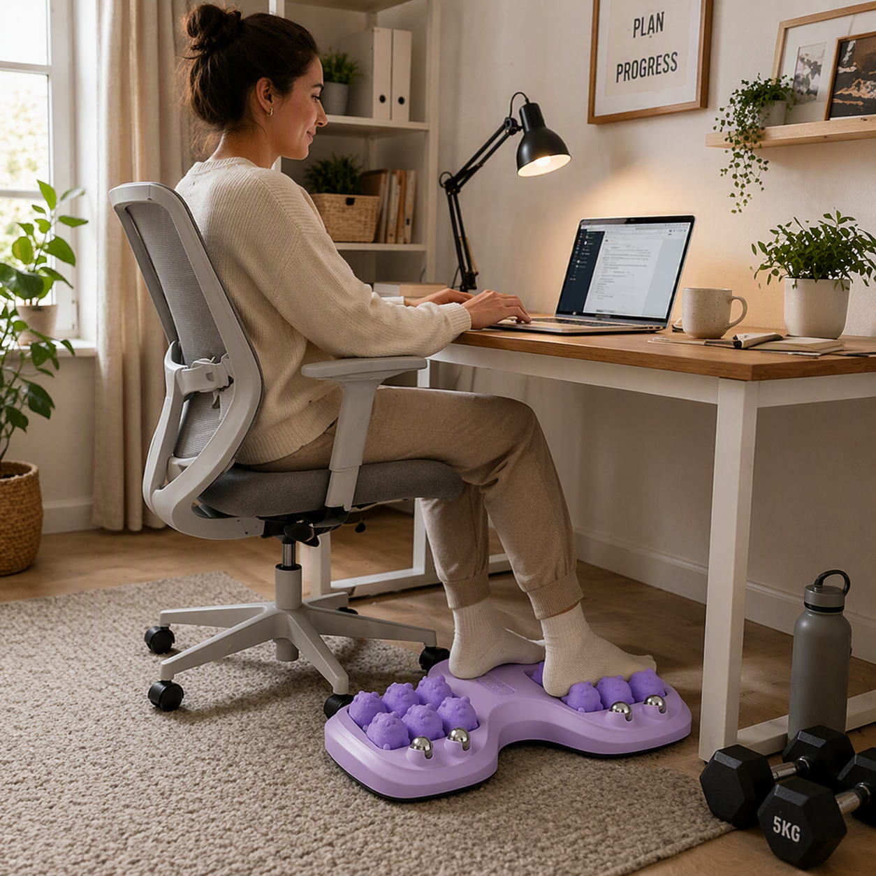 appareilmasseur pieds mauve personne teletravail