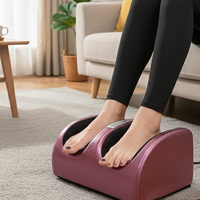 Appareil masseur pieds rouge utilisé par une femme, pieds glissés à l'intérieur