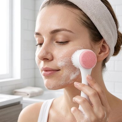 Brosse nettoyante visage rose appliquée sur la joue d'une femme en serviette, routine de soin