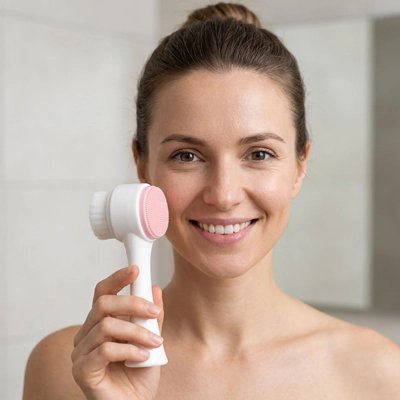 Brosse nettoyante visage tenue par une femme souriante, présentation du produit