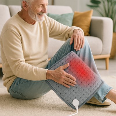 Coussin chauffant appliqué par une vieux sur son genou, assis au sol