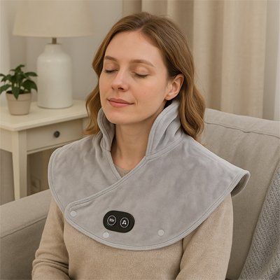 Coussin chauffant ergonomique utilisé pour une séance de relaxation du cou et des épaules
