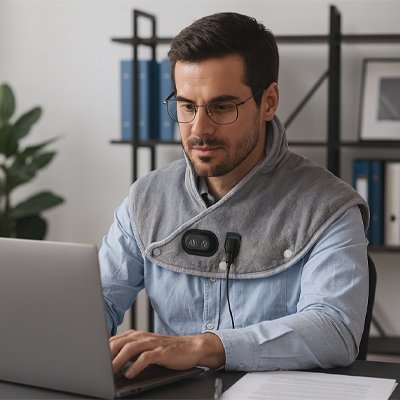 Coussin chauffant porté au bureau pour soulager les tensions au niveau du cou et des épaules