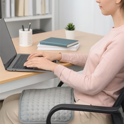 Coussin chauffant utilisé sur le bas-ventre d'une femme en télétravail