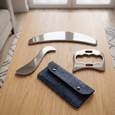 Gua sha en pierre posé sur un meuble en bois, à côté de son étui de rangement