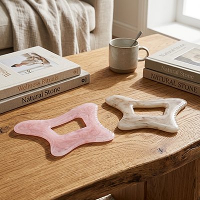 Gua sha en quartz rose sur table de soin