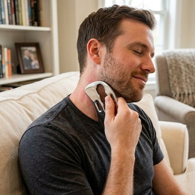 Gua sha glissé le long de la mâchoire d'un homme, soin du visage au quotidien