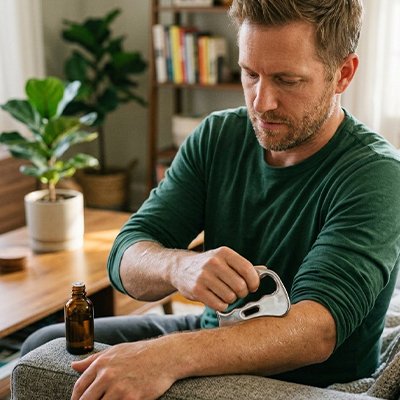 Gua sha utilisé par un homme sur son avant-bras, usage mixte détente