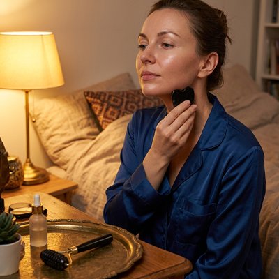 Gua sha visage passé le long de la mâchoire d'une femme en peignoir bleu