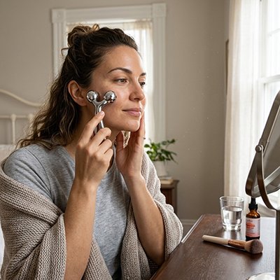 Gua sha visage passé le long de la mâchoire d'une femme devant son miroir
