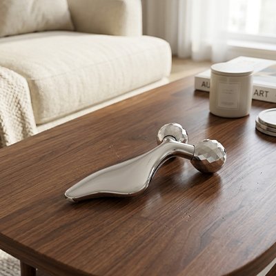 Gua sha visage posé sur un meuble en bois