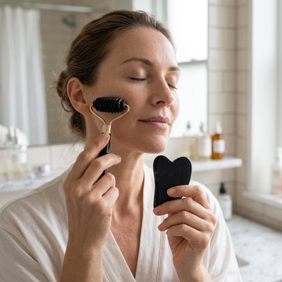 Gua sha visage utilisé sur la joue d'une femme pendant sa routine beauté du soir