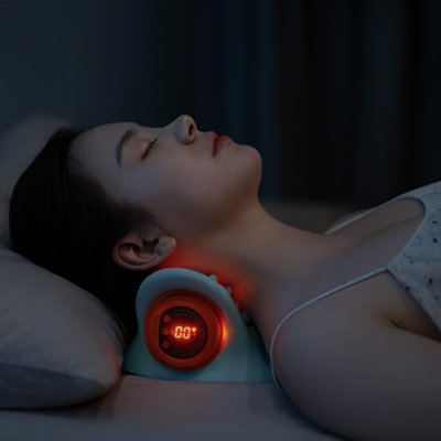 Masseur cervical posé sous le cou d'une femme allongée, lumière chaleureuse