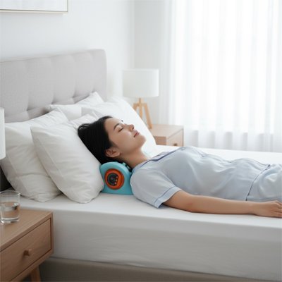Masseur cervical sous la tête d'une femme allongée sur son lit, moment de détente