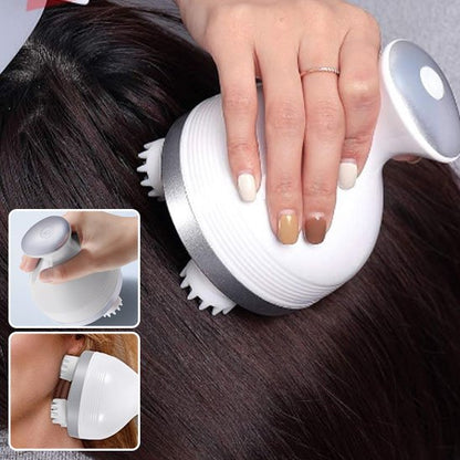 Masseur cuir chevelu blanc tenu en main, avec zoom sur les picots de massage