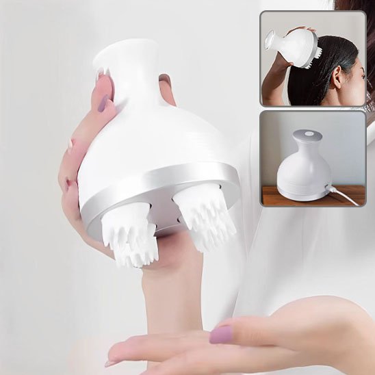 Masseur cuir chevelu passé sur la tête d'une femme, avec vignette des différents usages