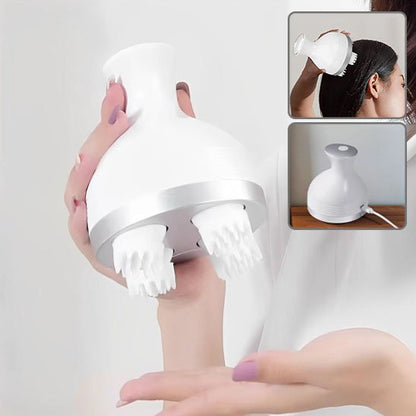 Masseur cuir chevelu passé sur la tête d'une femme, avec vignette des différents usages