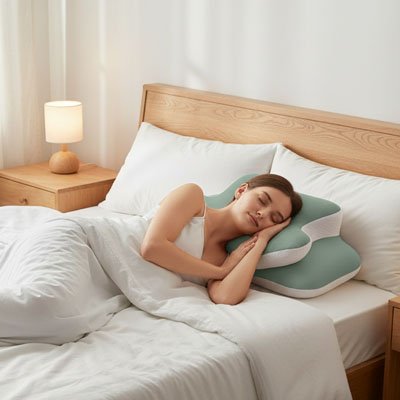 Oreiller cervical à mémoire de forme utilisé en position latérale pour favoriser un repos réparateur
