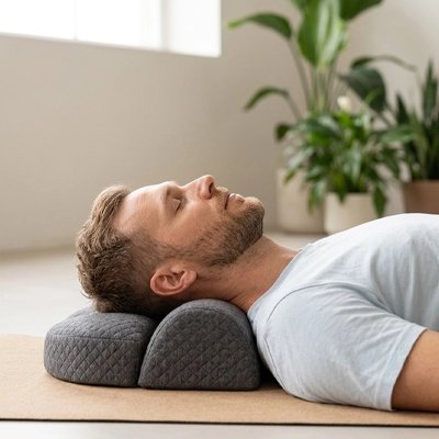 Oreiller cervical ergonomique utilisé allongé pour soulager les tensions du cou et des épaules