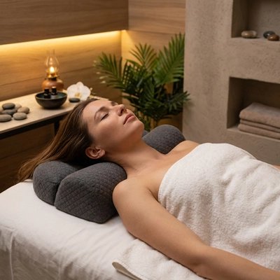 Oreiller cervical ergonomique utilisé au lit pour la relaxation et le soulagement des tensions cervicales