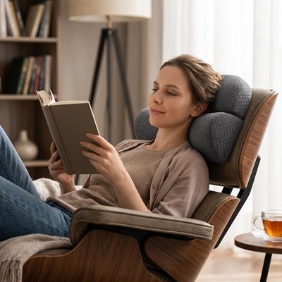 Oreiller cervical utilisé dans un fauteuil pour soutenir la nuque pendant la lecture et la détente