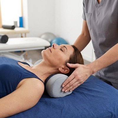 Oreiller cervical utilisé lors d’une séance de massage ou de thérapie pour maintenir l’alignement du cou