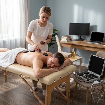 Pierre chaude massage appliquée par une praticienne sur le dos d'une cliente détendue
