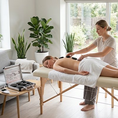 Pierre chaude massage posée sur le dos d'une femme allongée pendant un soin spa