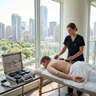 Pierre chaude massage utilisée lors d'un soin du dos, ambiance spa avec vue sur la ville