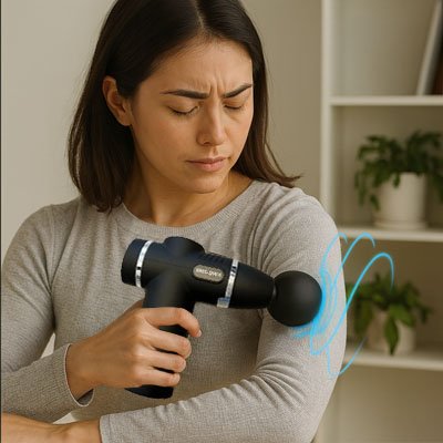 Pistolet de massage appliqué par une femme sur son biceps, geste anti-tensions