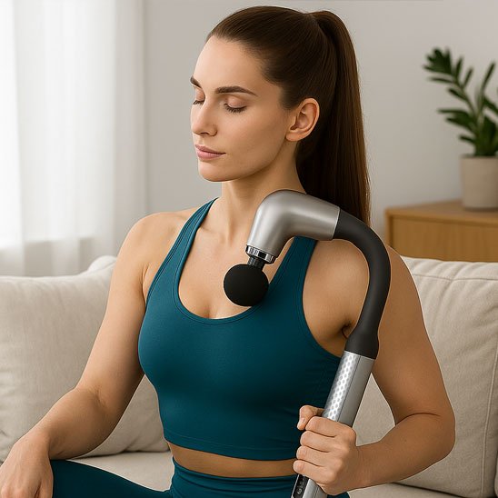 Pistolet de massage appliqué sur la poitrine d'une femme en tenue de sport, assise