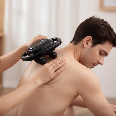 Pistolet de massage appliqué sur l'épaule et le haut du dos d'un homme