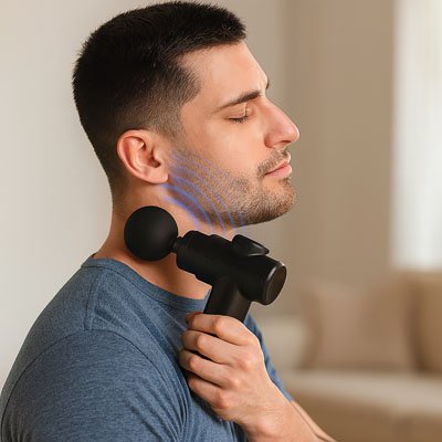 Pistolet de massage appliqué sur l'paule pour une relaxation musculaire ciblée