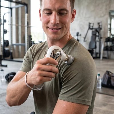 Pistolet de massage tenu en main pour une séance de récupération musculaire en salle de sport