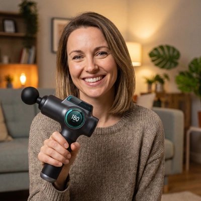 Pistolet de massage tenu par une femme souriante, assise dans son salon