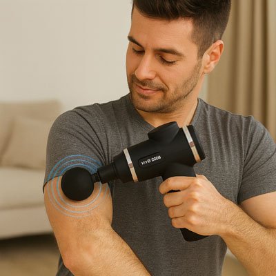 Pistolet de massage utilisé par un homme sur son bras, assis dans son salon