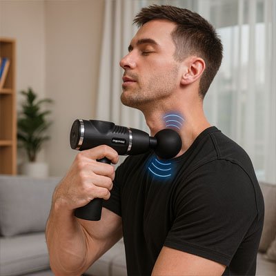Pistolet de massage utilisé par un homme sur son cou après l'effort