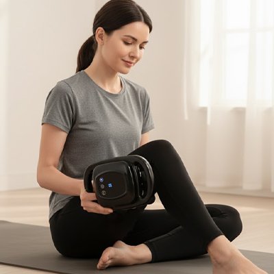 Pistolet de massage utilisé par une femme assise sur sa cuisse, instant de détente